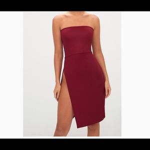 Burgundy extreme split bandeau midi dress